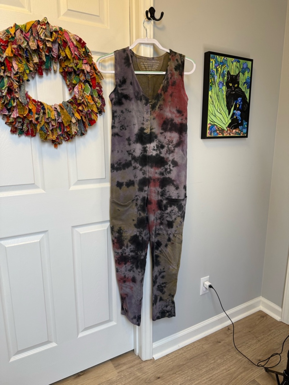 Organic Cotton Sleeveless Tie-Dye Jumpsuit in Purplish Gray, Black Green & Pink